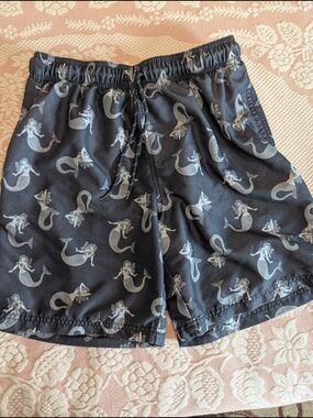 Men's Black Swim Shorts with Light Gray Mermaid Print